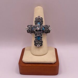 Silver Toned Cross Ring with Simulated Turquoise and Rhinestones